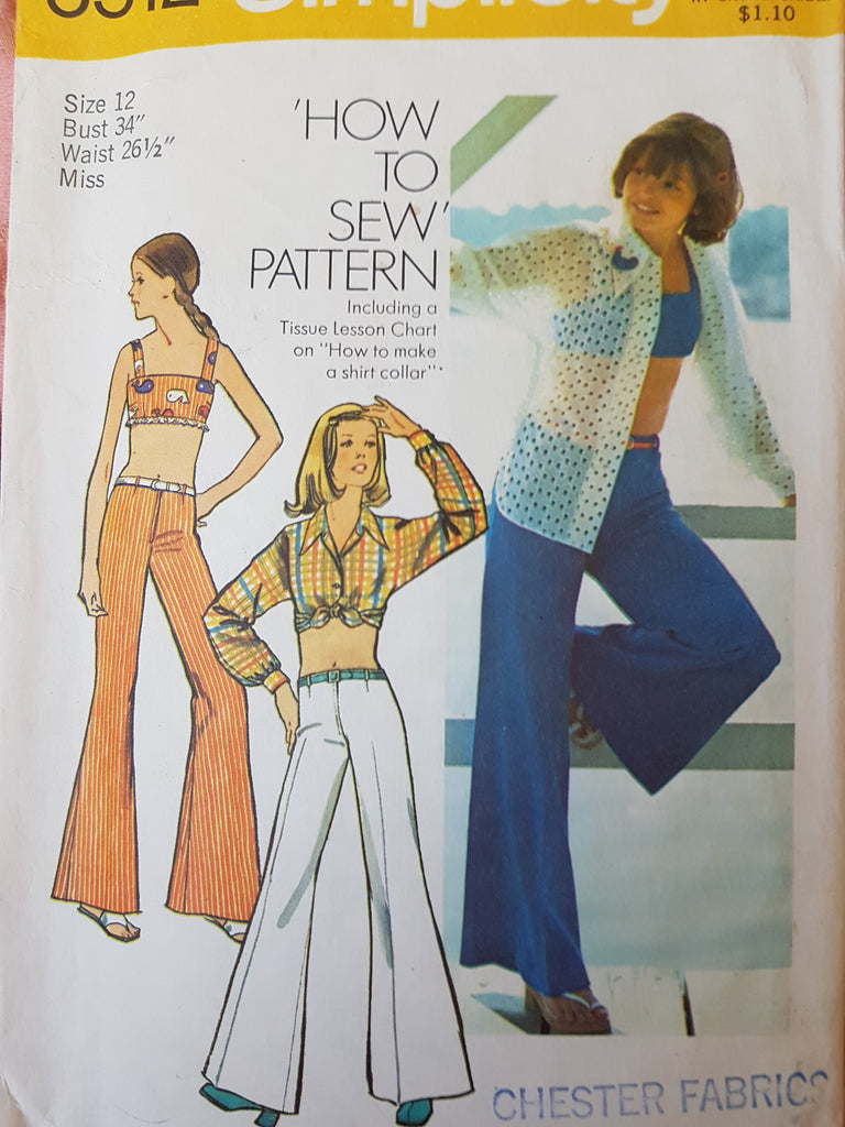 1970s RETRO Simplicity 5512 Hip Hugger Bell Bottoms, Midriff Top & Button Down Shirt , Bust 34,How To Sew Vintage Sewing Pattern