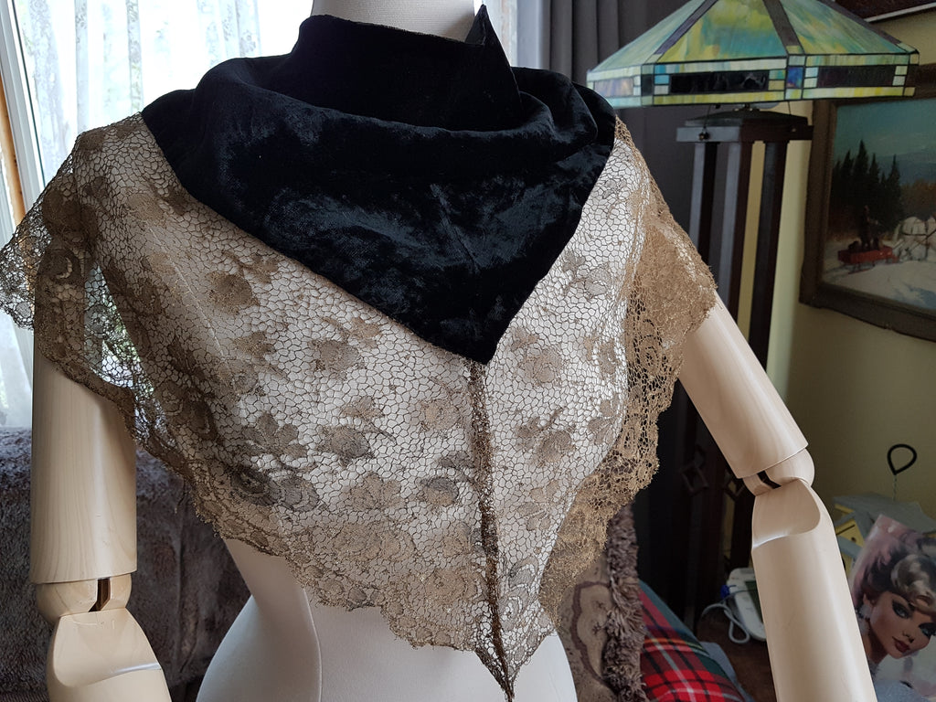 Art Deco METAL Lace and Silk Velvet Scarf Wrap,Flapper Dress Accessory,Heirloom Sewing,Vintage Clothing, Antique Textiles