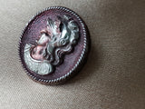 BEAUTIFUL Antique ATHENA Iridescent Glass Button, Intricate Rare Victorian Button, Mythology, Minerva, Lovely Colors, Collectors Antique Buttons