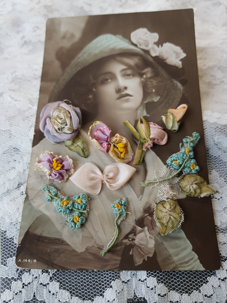 French RIBBONWORK Flowers,Rosettes,Ribbon Flowers For Doll Costuming, Hats,Flapper Dress,Collectible Vintage French Trims