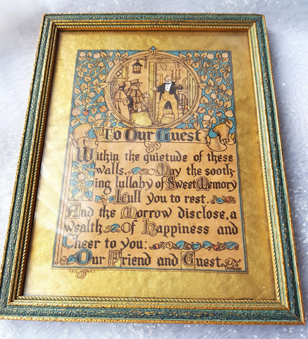 ART DECO Buzza Mottoware ,To Our Guest Picture, Old English Gold Parchment Paper, LOVELY Green and Gold Art Deco Wood Frame,Charles Dickens Style Graphics,BeautifulColors,Wall Art