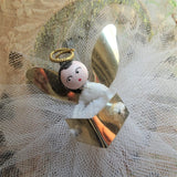 CUTE Angel Christmas Tree Ornament,  Netted Lace Dress, Pipe Cleaner Xmas ,Hand Painted Wooden Head, Collectible Vintage Christmas Ornaments