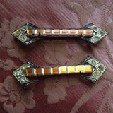 UNIQUE Pair of ART DECO Pins, Cut Glass and Embossed Metal, 1920s-30s Brooches, Collectible Vintage Jewelry