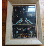 SWEET Framed Needlework,Art Deco Pink,Blue and Black,Dated 1929, Birds Flowers, Sampler Style ,Charming Cottage,Farmhouse, French Country