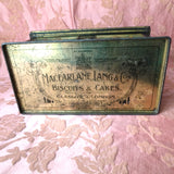 BEAUTIFUL Antique English MacFarlane Lang Biscuit Tin, Figural Trunk Design Tin, Victorian Musical Couples, Pink Roses, Collectible British Tins Advertising