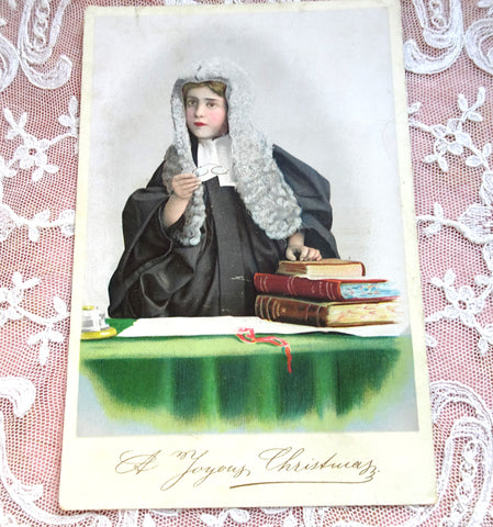ANTIQUE 1880s-90s Victorian Christmas Card, Young Judge Barrister Lawyer, English Advertising Card, Toys and Fancy Goods, Collectible Vintage Greeting Advertising Card
