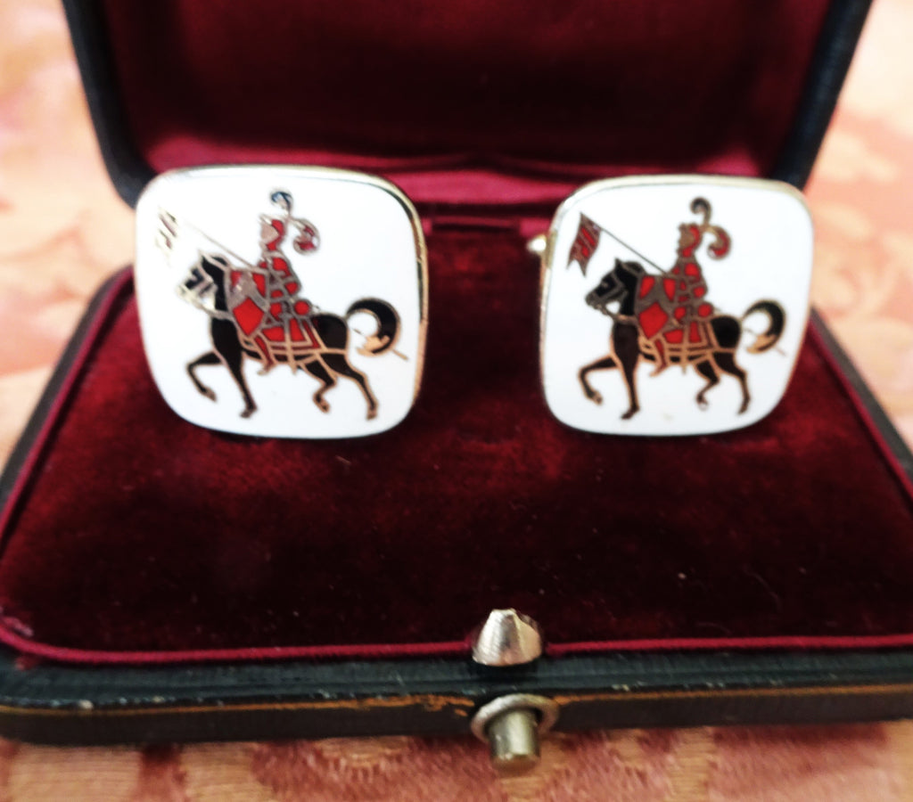 VINTAGE Gents CUFFLINKS, Enamel Knights on Horses, Gold Tone Metal Links, MCM Cuff Links,Men's Cufflinks,Vintage Wedding, Men's Jewelry