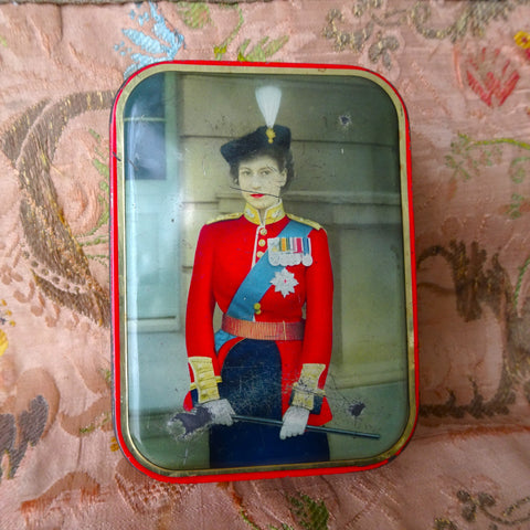 ROYALTY British Litho Tin Box,Royal Souvenir Young Queen Elizabeth II,The Crown, Sharp and sons Tin,Collectible Vintage Royal Tins