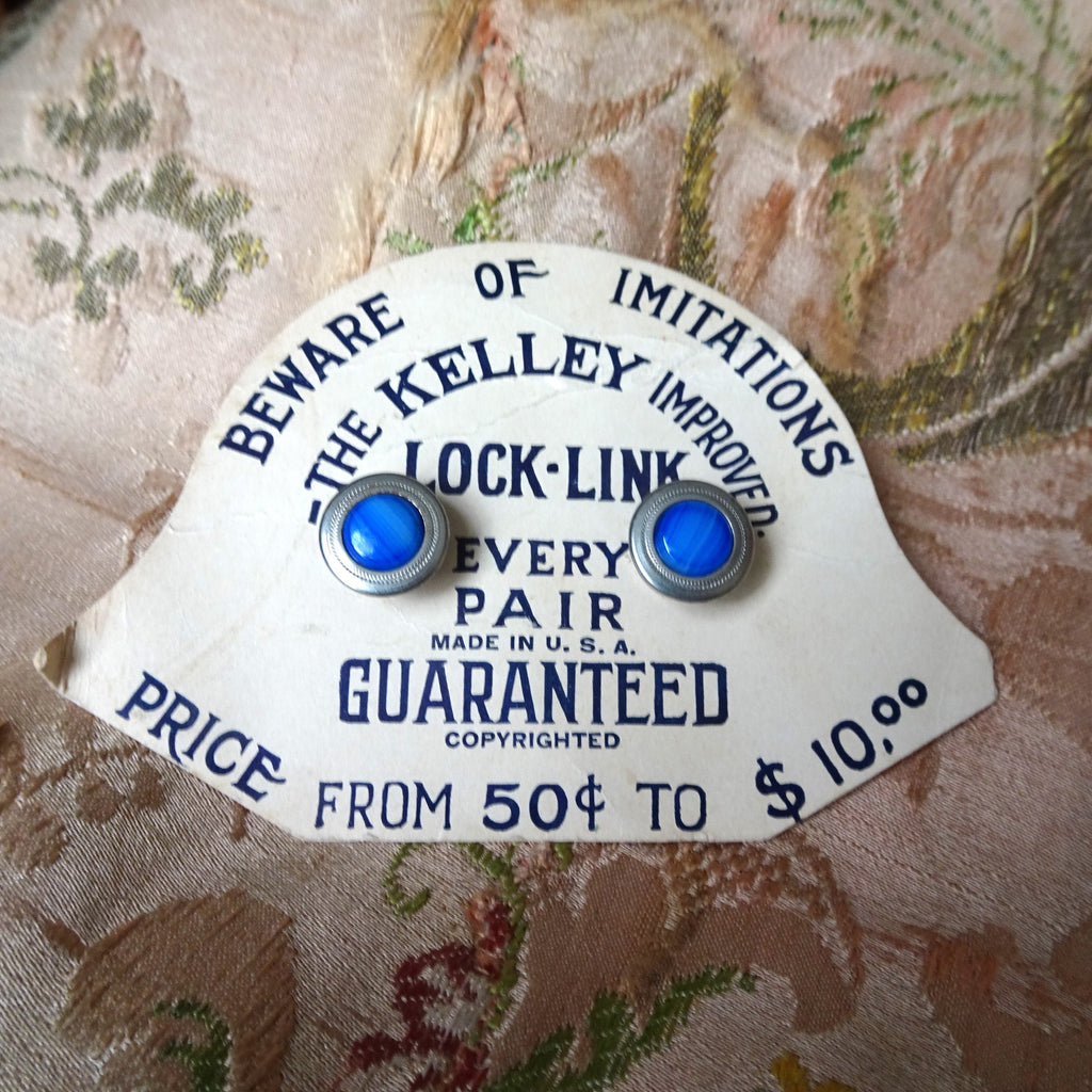 FABULOUS Art Deco The Kelley Lock Link Cufflinks, Blue Art Glass Snap Cuff Links, Original Advertising Card, Silver Tone Metal Links, Men's Jewelry, Advertising,Collectible Vintage Cufflinks