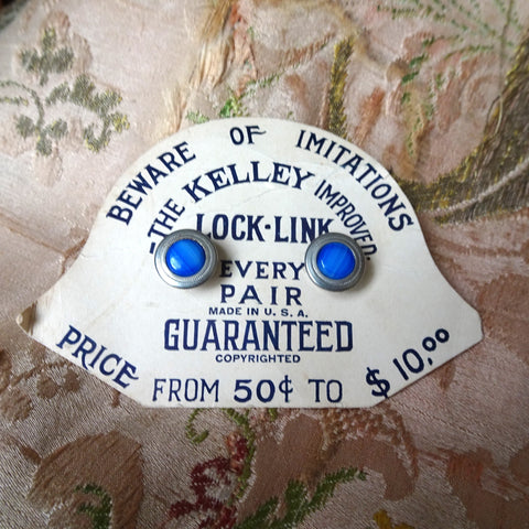 FABULOUS Art Deco The Kelley Lock Link Cufflinks, Blue Art Glass Snap Cuff Links, Original Advertising Card, Silver Tone Metal Links, Men's Jewelry, Advertising,Collectible Vintage Cufflinks
