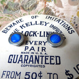 FABULOUS Art Deco The Kelley Lock Link Cufflinks, Blue Art Glass Snap Cuff Links, Original Advertising Card, Silver Tone Metal Links, Men's Jewelry, Advertising,Collectible Vintage Cufflinks