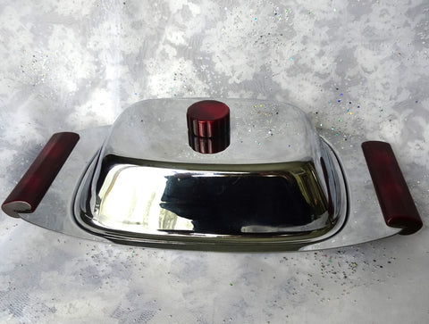FABULOUS MCM Butter Dish, Glo-Hill Gourmates Chrome and Cherry Red Bakelite Covered Butter Dish, Original Glass Insert, Kitchenware, Collectible Mid Century Tableware