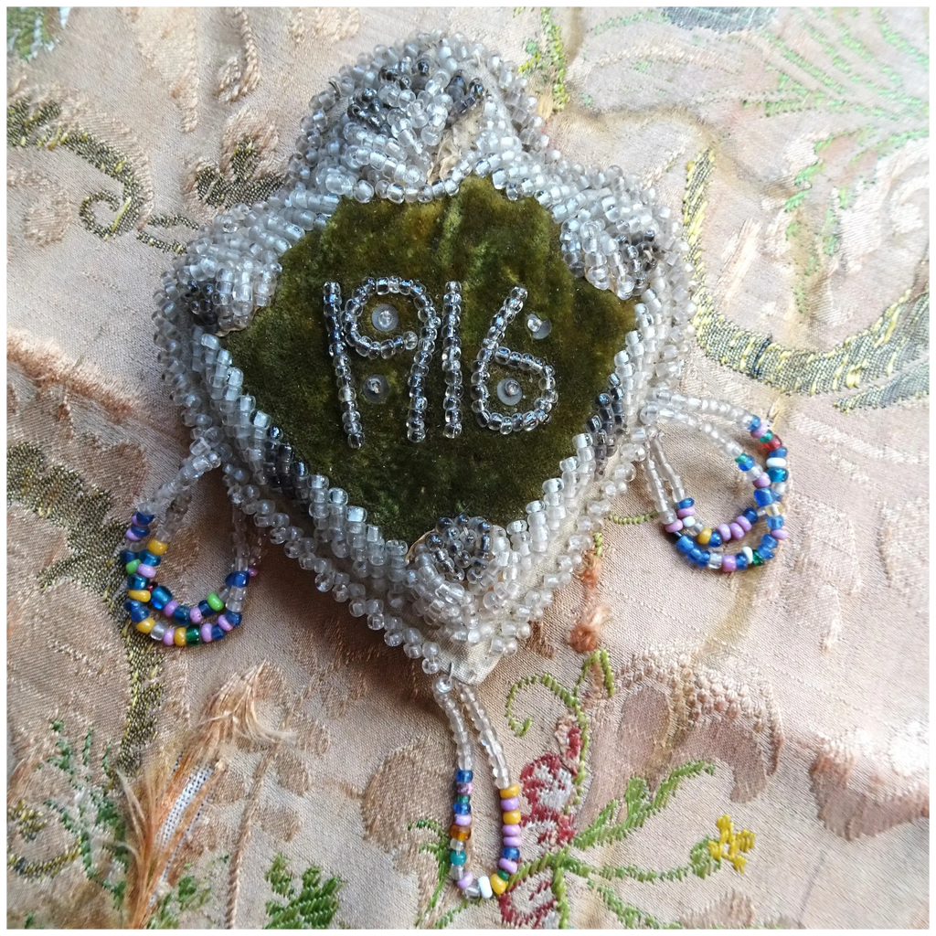 BEAUTIFUL Antique Iroquois Glass Beaded Pin Cushion Whimsy, Dated 1916, Novelty Souvenir Pincushion, Needlework Tools,Heart Shape, Collectible Pincushions