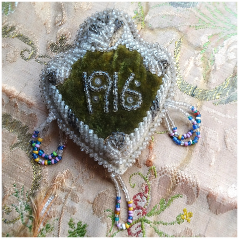 BEAUTIFUL Antique Iroquois Glass Beaded Pin Cushion Whimsy, Dated 1916, Novelty Souvenir Pincushion, Needlework Tools,Heart Shape, Collectible Pincushions
