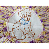 ADORABLE 1920s-30s Embroidered Puppy Dog Doily,Cute To Frame,Lovely Purple Yellow Crochet Lace,Dog Lover Gift,Children's Room,Unique Doilies