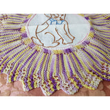 ADORABLE 1920s-30s Embroidered Puppy Dog Doily,Cute To Frame,Lovely Purple Yellow Crochet Lace,Dog Lover Gift,Children's Room,Unique Doilies
