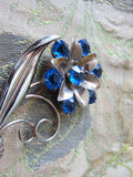 BEAUTIFUL Art Deco Sterling Silver Brooch, Large Floral Silver Brooch, Blue Glass Stones, Figural Brooch, Large Flower Pin Retro Brooch, Collectible Silver Jewelry
