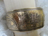 FABULOUS Art Deco Chicago Worlds Fair 1933 Cuff Bracelet,Deco Engraved Skyline, Zeppelins Blimps, A  Century of Progress Souvenir,Collectible