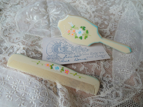 VINTAGE Sweet Hand Painted Baby Hair Brush Comb Set, FRENCH Ivory Celluloid, Pink Blue White ROSES Flowers, Baby Shower Gift, Doll Prop, Vanity,Collectible Vintage Baby Items