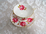 SUMPTUOUS Pink Cabbage Roses Teacup and Saucer, English Bone China, Radfords, Gold Leaves, Collectible Vintage Cups and Saucers