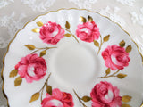 SUMPTUOUS Pink Cabbage Roses Teacup and Saucer, English Bone China, Radfords, Gold Leaves, Collectible Vintage Cups and Saucers