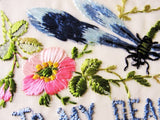 Original WW I Silk Embroidered Souvenir Postcard from France Beautiful Embroidery DragonFly Flowers