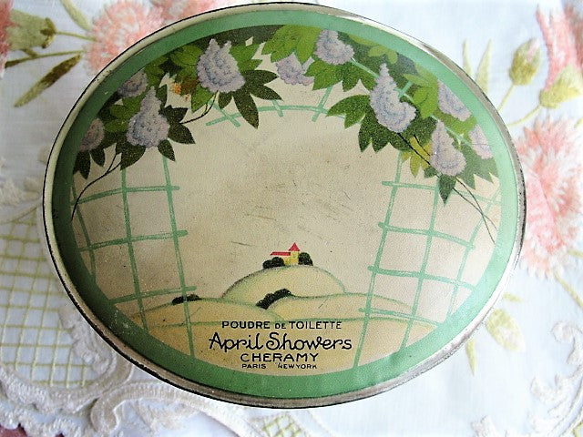 ANTIQUE Deco Era 20s Powder Tin, Cheramy Paris Powder Tin, April Showers Poudre de Toilette Tin, Art Deco Design, Decorative Tins,Vanity Decor, Collectible Tins
