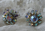 DAZZLING Signed SHERMAN Aurora Borealis Rhinestone Screw Back Earrings Vintage Costume Jewelry