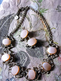 BEAUTIFUL 1950s Pink Moon Glow Thermoplastic and Gold Tone Scrolling Metal Necklace and EARRINGS Set Wear or Collect Vintage Costume Jewelry