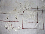 GORGEOUS Antique Natural French Linen Small Tablecloth Table Topper Lustrous Raised Embroidery Monogram Fine Vintage Linens