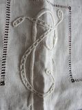 GORGEOUS Antique Natural French Linen Small Tablecloth Table Topper Lustrous Raised Embroidery Monogram Fine Vintage Linens
