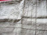 GORGEOUS Antique Natural French Linen Small Tablecloth Table Topper Lustrous Raised Embroidery Monogram Fine Vintage Linens