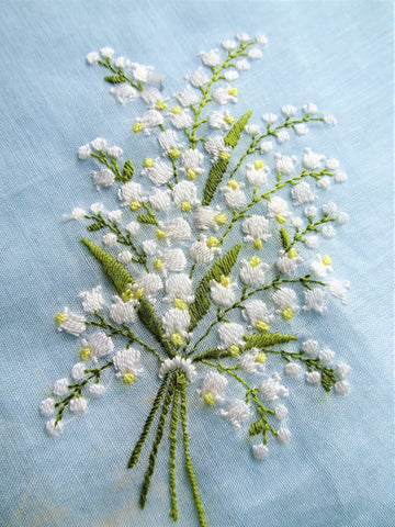 RESERVED GORGEOUS Hand Embroidered Lily of The Valley Hanky,Floral Handkerchief,Sweet Blue Hankie,Special Bridal Wedding Handkerchief, Collectible Vintage Hankies