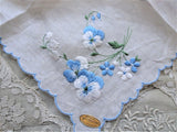 BEAUTIFUL Vintage Embroidered SWISS Floral Handkerchief Hanky Sweet Blue Pansy Flowers, Pansies Special Bridal Wedding Hankie, Collectible Hankies