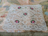 VINTAGE French Lace Centerpiece,Doily,Tray Cloth,Embroidery on Netted Lace, Embroidered Rose Inserts,French Chateau Decor