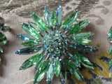 Vintage SHERMAN Signed PERIDOT Rhinestones Star Burst Brooch and Long DROP Earrings Set,Brilliant Rhinestones,Dazzling Swarovski Crystal,Collectible Jewelry