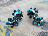 BEAUTIFUL Signed SHERMAN Clip On Earrings Brilliant Peacock Blue Aurora Borealis Vintage 50s 60s Rhinestone Costume Jewelry