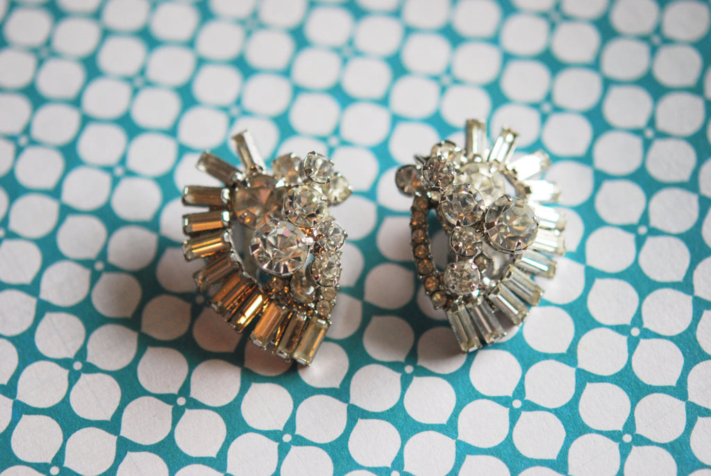 Fabulous Large 1950s Vintage Fancy Rhinestone Earrings