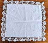 Vintage BRIDAL WEDDING Handkerchief WIDE Hand Crochet Lace Hankie Special Bridal Hanky Bows Flowers WhiteWork Embroidery