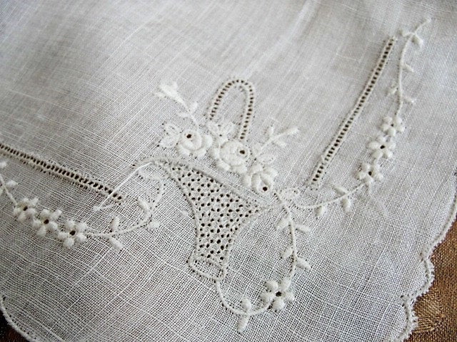 BEAUTIFUL Appenzell Whitework Embroidery Hankie Handkerchief Embroidery OpenworkBasket of ROSES Wedding Bridal Bridesmaid Special Hanky