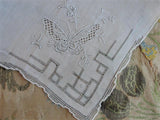 1930s Vintage MADEIRA Hand Embroidered Hankie Handkerchief White Work Embroidery BUTTERFLY Wedding Bridal Bridesmaids Special Hanky