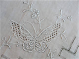 1930s Vintage MADEIRA Hand Embroidered Hankie Handkerchief White Work Embroidery BUTTERFLY Wedding Bridal Bridesmaids Special Hanky