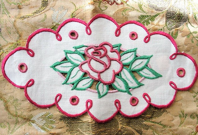 ANTIQUE French country Hand Embroidered Linen Doily Centerpiece Natural Heavy Linen Cheery Embroidery Work, Farm House Decor,French Linens