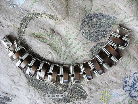 BEAUTIFUL Vintage Coro Signed Wide Bracelet, Thermo-Plastic, ThermoSet, Pearlite Tiger Eye Color, Gold Tone Metal, Statement Bracelet