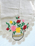 ANTIQUE Linen Runner Dresser Buffet Scarf Table Centerpiece ROSES Embroidery,Natural Linen,Mission Oak Furniture, French Country, Farmhouse