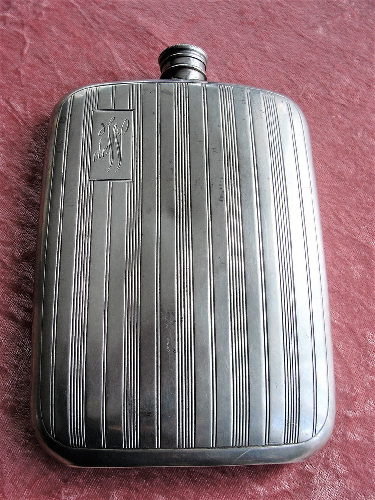 ANTIQUE Large Curved Hip Flask,Pocket Liquor Flask, English Pewter Flask,Gents Art Deco Flask, Mens Vintage Flask,Monogram deW, Gift For Him