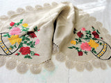 ANTIQUE Linen Runner Dresser Buffet Scarf Table Centerpiece ROSES Embroidery,Natural Linen,Mission Oak Furniture, French Country, Farmhouse