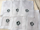 6 RETRO COCKTAIL NAPKINS, 50s Irish Linen, Eames Era, Monogram Cocktail Napkins, Mid Century Madeira,Linen Drink Mats, Collectible Barware