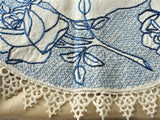 ANTIQUE Linen Table Centerpiece ROSES Embroidery, AMAZING Handwork,Blue Roses,Tatting Lace,Mission Oak Furniture, French Country, Farmhouse
