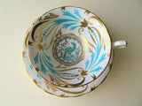 LUXURIOUS Hand Painted Teacup and Saucer,English Bone China Royal Chelsea,Turquoise Enamel and Lush Gold,Bird Motif,Luxurious Cup and Saucer